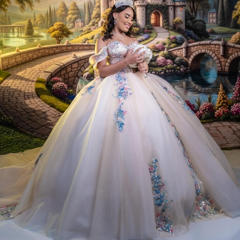 Beige Shiny Off The Shoulder Ball Gown Quinceanera Dresses Sequin Appliques Lace Beading Crystal Tull Sweet 16 Dress vestidos 15 anos