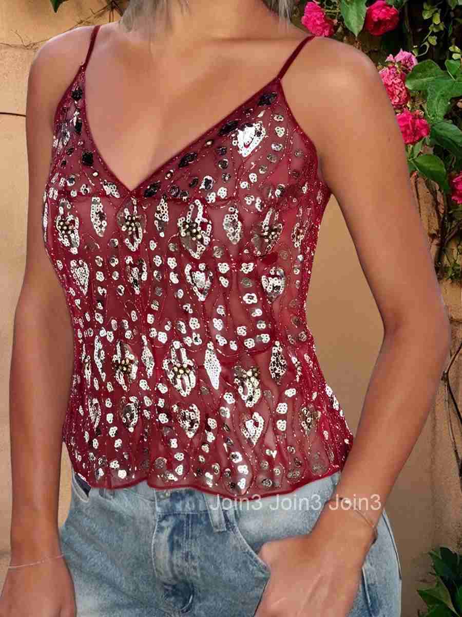 Womens Sparkling Sequin Embellished Crop Top Sleeveless V-neck Fit Camisole Streetwear Fashion Tank Tops