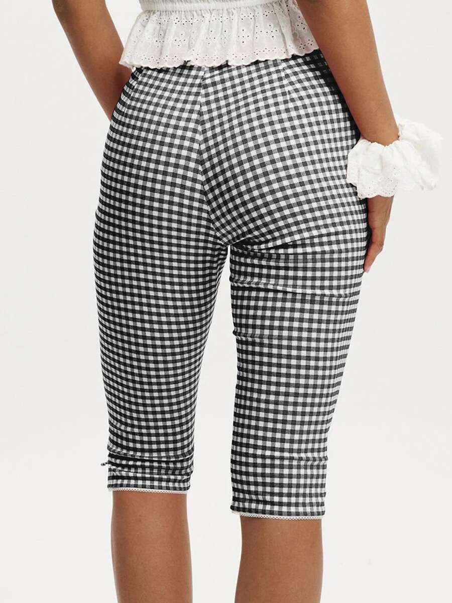 Ladies Checkered Cropped Trousers with Mid-rise Waist and Stylish Knee-length Side Slits Perfect for Everyday Wear or Night