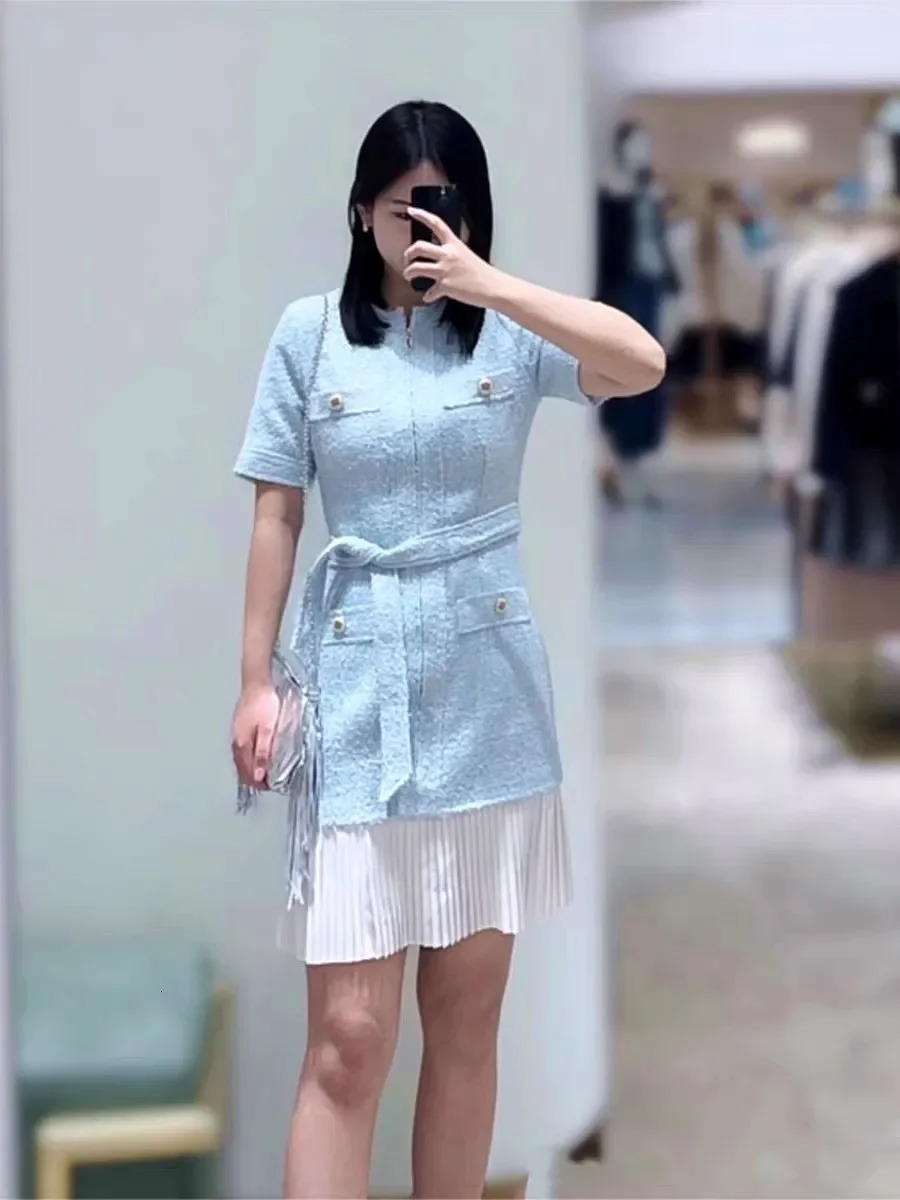 Women Tweed Splice Mini Dress Pleated Lace-up Zipper Fresh Short Sleeve Spring Summer Lady Robe 250603