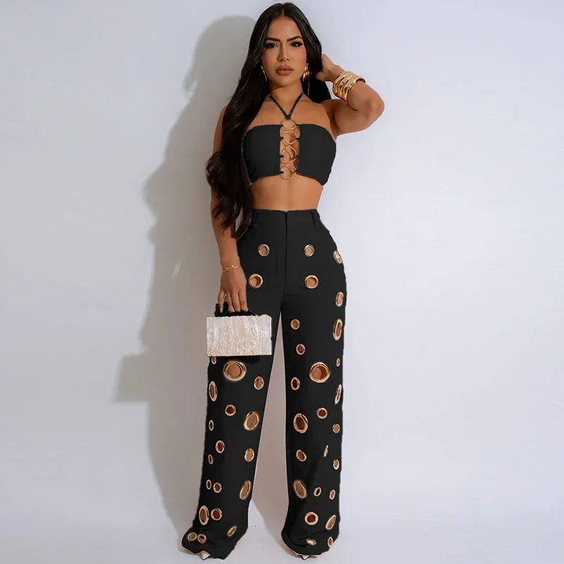 Sexy Night Party 2 Piece Sets Women Outfit Clubwear Festival Clothing Halter Strapless Crop Top and Hollow Out Wide Leg Pants 250605