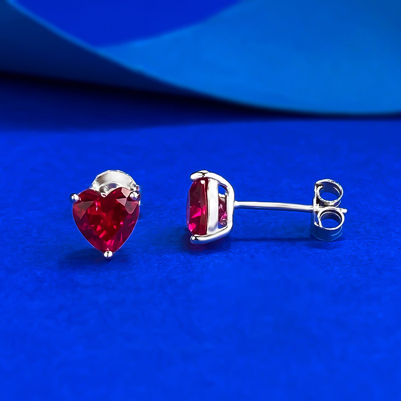Choucong Ins Top Sell Sweet Cute Girls Simple Fine Jewelry Genuine 100% 925 Sterling Silver Heart Shape Red Garnet Diamond Women Lover Stud Earring Gi