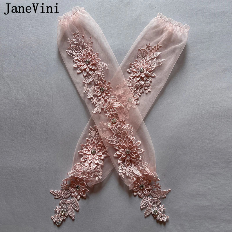 JaneVini Appliqued Lace Gloves for Women Wine Red Bride Beaded Tulle Long Bridal Wedding Gloves Burgundy Fingerless Luva Branca 250603