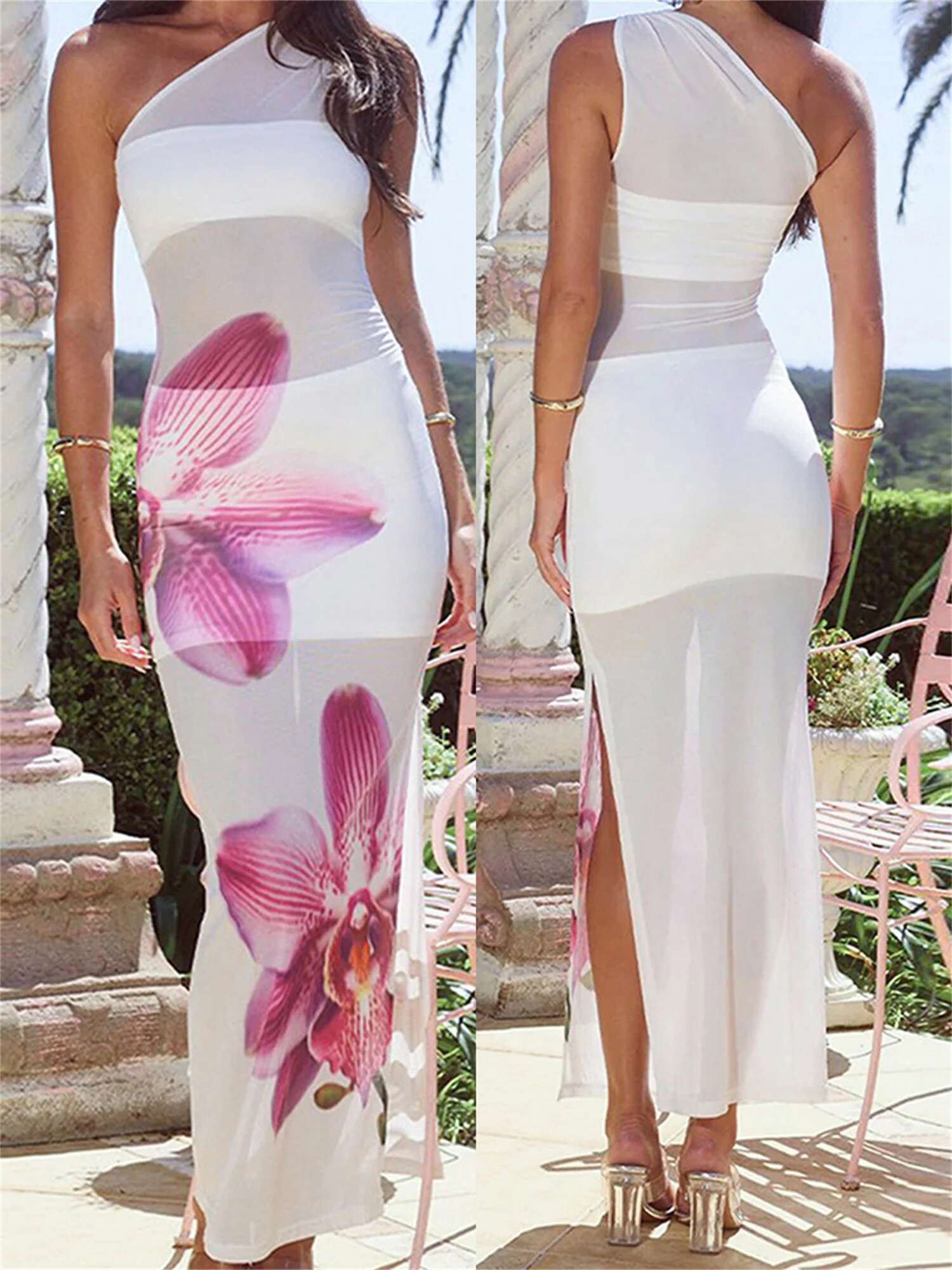 Elegant Off Shoulder Maxi Dress with Ruffle Detail and Floral Print Perfect for Summer Parties and Events Sleeveless Fit