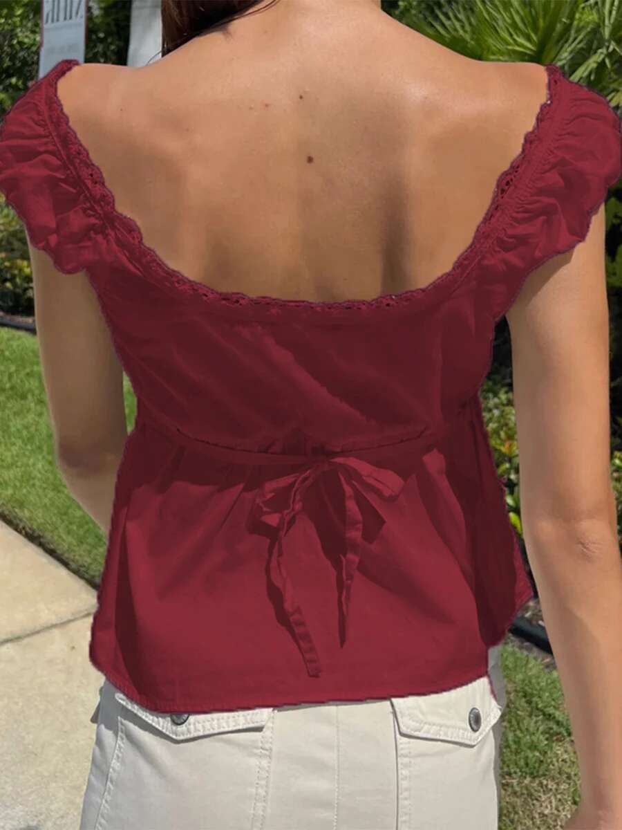 Elegant Lace Trim Square Neck Blouse with Cap Sleeves and Tie Front Bow Detail Perfect for Summer Outfits