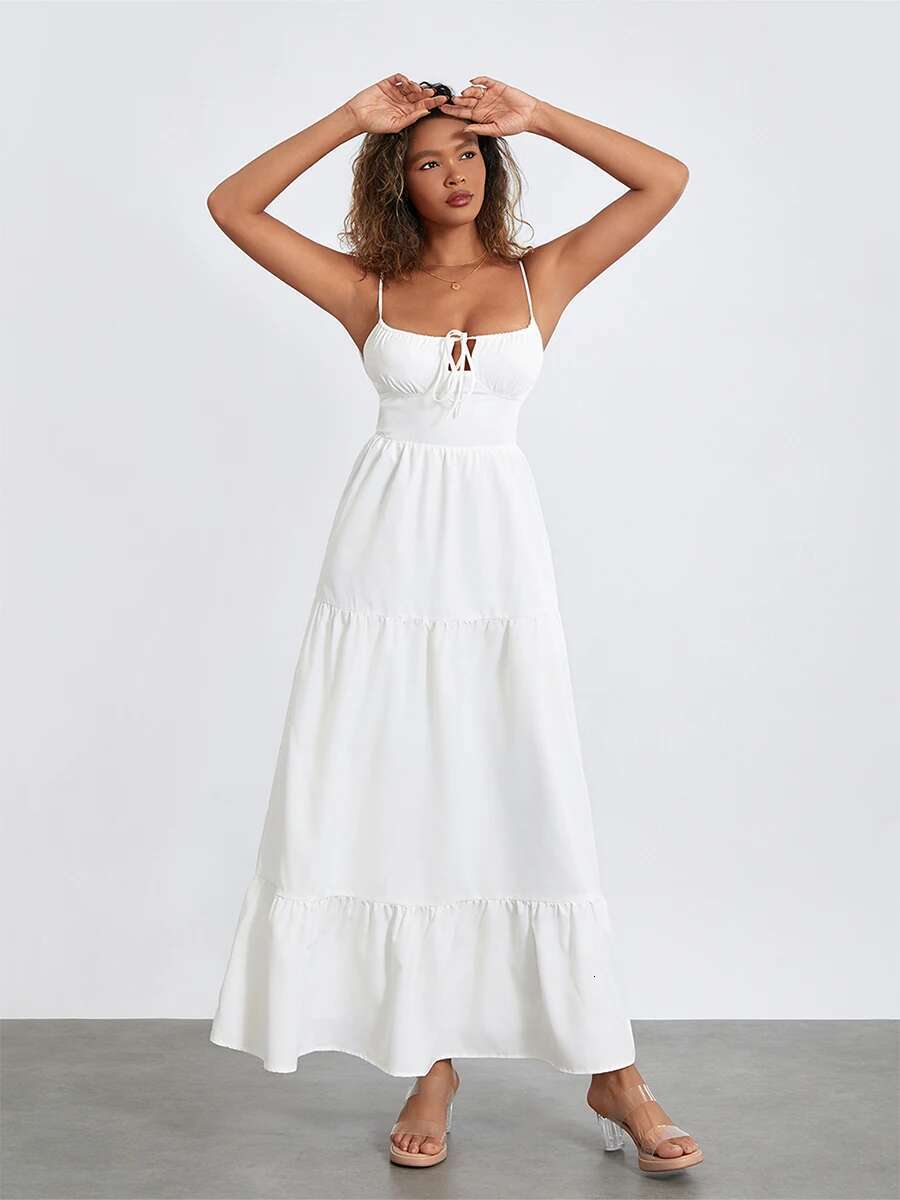 Womens Elegant Floral Print Maxi Dress with V-neckline and Adjustable Spaghetti Straps for Summer Beach Vacation