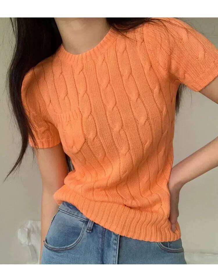 2025 Women's High-Quality Cashmere Knit Sweater Summer Short Sleeve Cable Embroidery Round Neck Cotton Blend Pullover Top