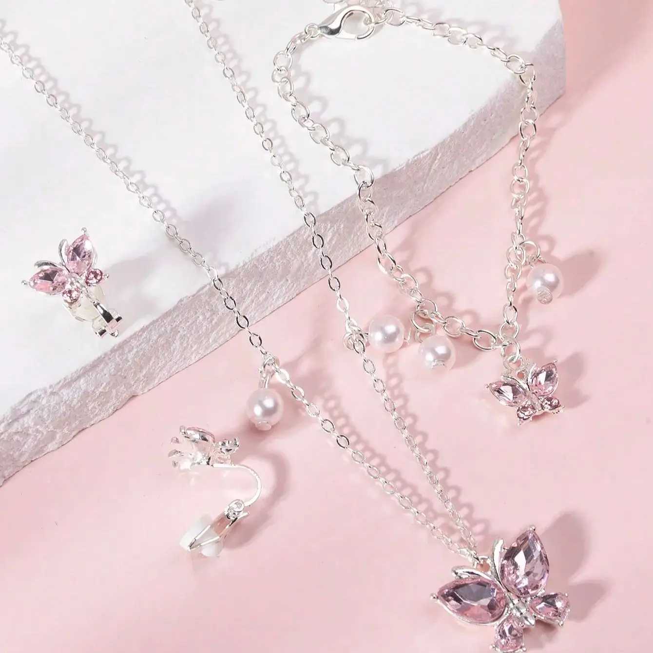 European and American pink purple simple generous butterfly necklace ear clip 3 pieces girl childrens jewelry Z250607
