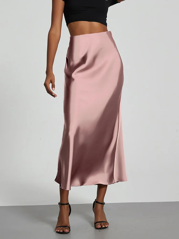 Fashion Satin Party Long Skirt High Waist Solid Color Casual Basic Women Skirts Fishtail Skirt Chic Summer Woman Clothing 2025 250529