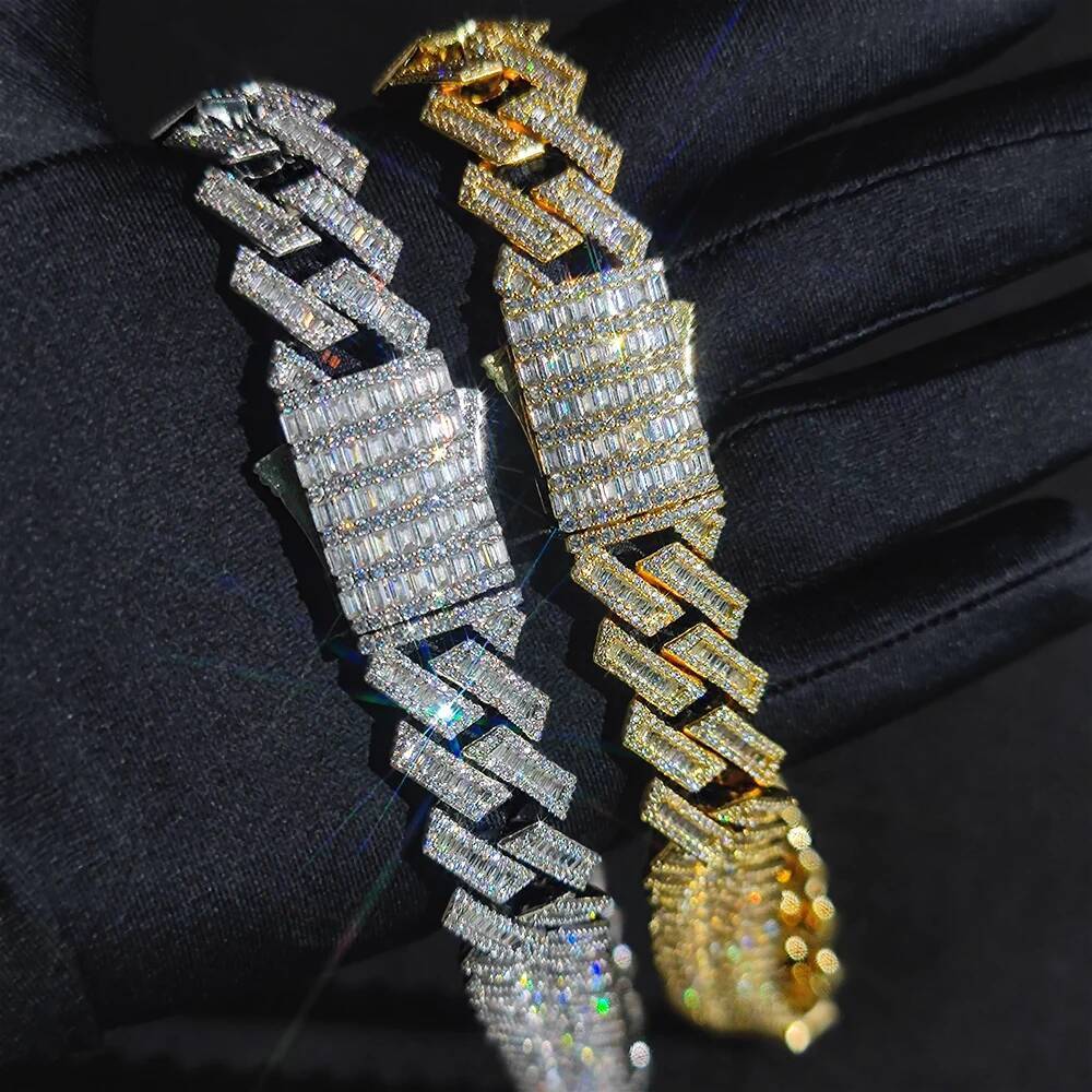 18/19MM Thick Mix Baguette Iced Out Cuban Link Rapper Hip Hop Jewelry CZ Dia Chain Necklace For Men