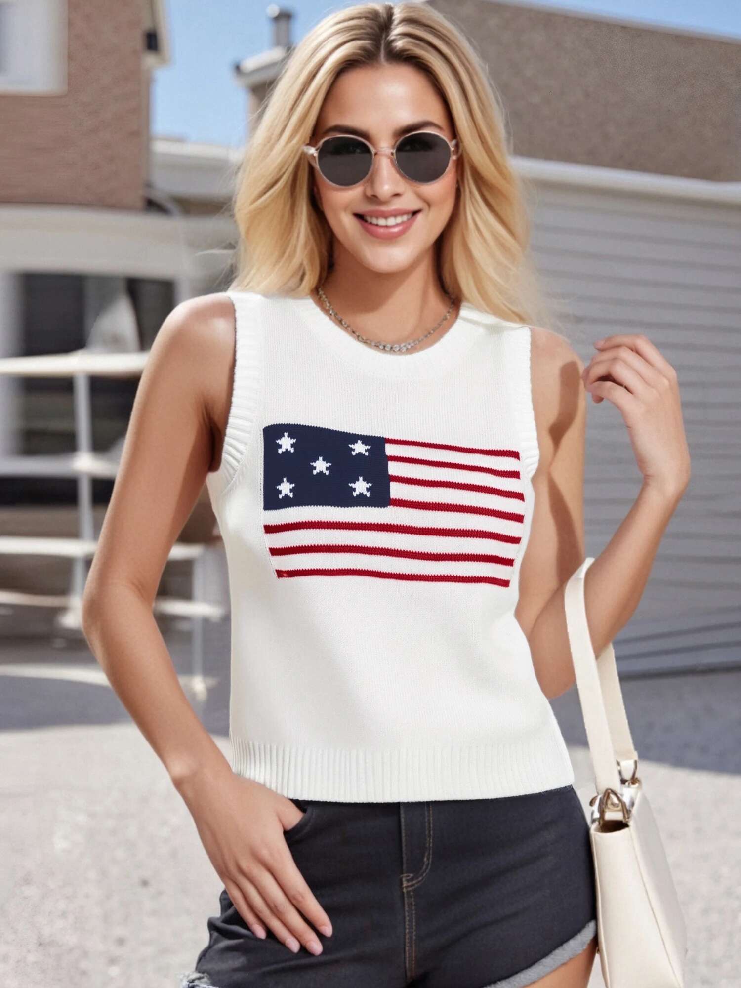 Womens Patriotic American Flag Print Sleeveless Knit Vest Round Neck Casual Party Tank Top for 4th of July Celebrations
