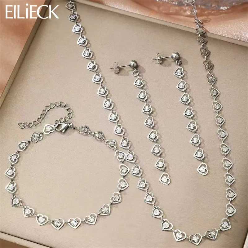 EILIECK 316L Stainless Steel Creative Heart Necklace Earrings Set Fashion Silver Color Waterproof Jewelry for Women Z250607