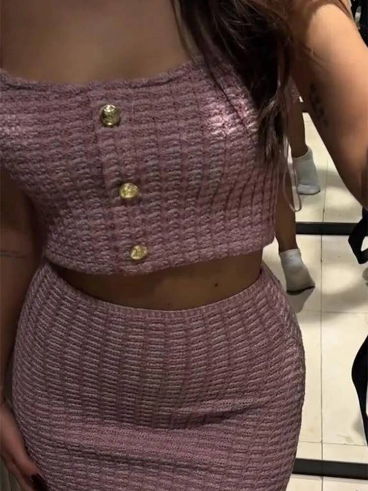 Elegant Knitted Women's Two Pieces Set Fashion Single-Breasted Tube Top Hip Package Pockets Shorts Summer Casual Lady Suit 2025