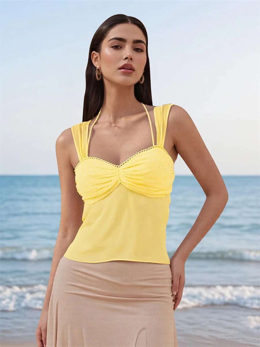 Womens Polka Dot Print Mesh Sleeveless Halter Neck Fit Tank Top with Tie Back Detail - Stylish Summer Shirt for Women