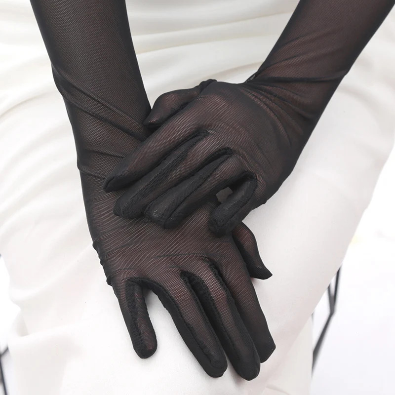 Sexy Lace Thin Elasticity Tulle Mesh Breathable Long Gloves Elegant Women Black Sunscreen Gloves Female Anti-UV Driving Mittens 250603