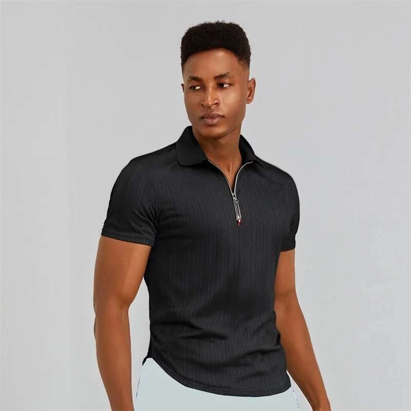 Mens Short Sleeve Jacquard Turn Down Collar Zipper Casual Tops - Stylish Fit Shirts for Summer Fashion