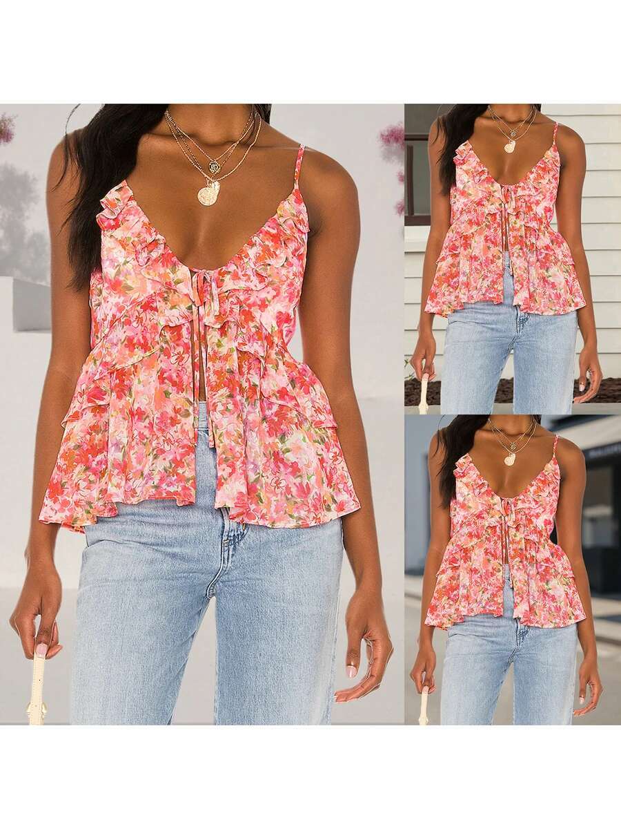 Womens Floral Print Spaghetti Strap Tank Top Sleeveless Camisole Casual Summer Fashion Streetwear Tops for Ladies