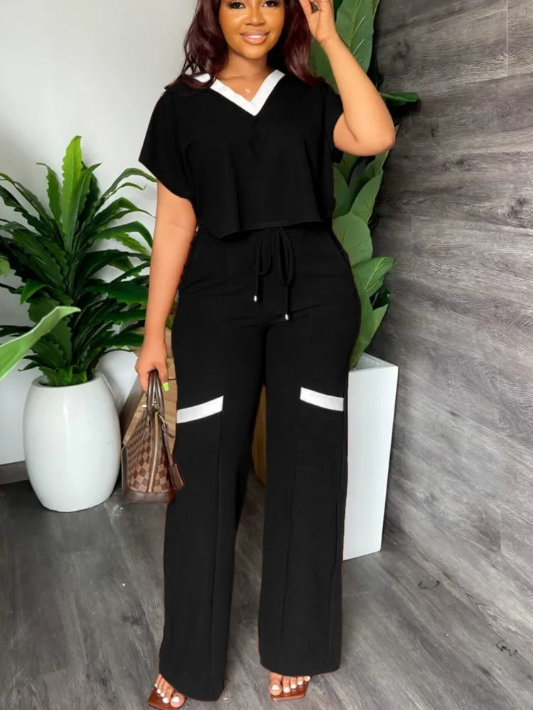Elegant Womens Casual Short Sleeve T-shirt Sports Suit Summer Fashion Solid V Neck Short Top Straight Pants Two Piece Sets 250605