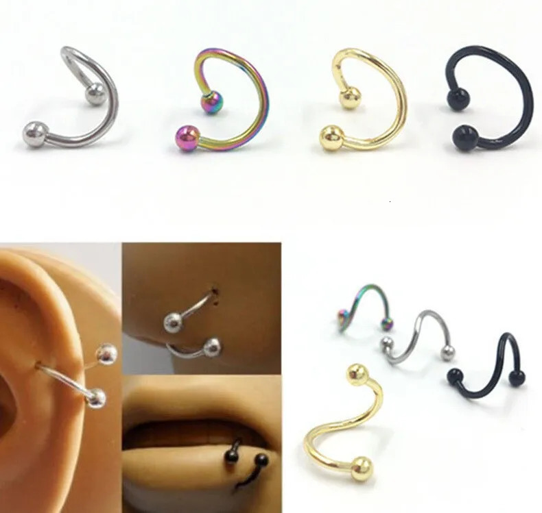 2pcset Steel Spiral Twisted Lip Ring Nose Rings 16 Gauge Ear Cartilage Helix Piercing Body Accessories Jewelry Gift 250606