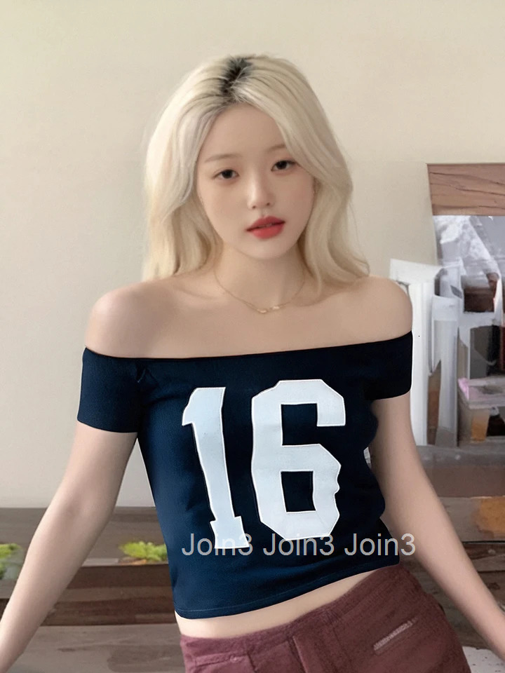 Womens Off-shoulder Top with Short Sleeves Stylish Letters and Numbers Print Fit Summer Clubwear for a Chic Look