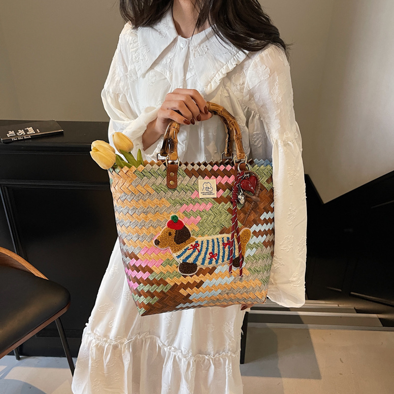 designer Vintage Striped Dachshund Handwoven Basket Tote Bag for Women Large Capacity Commuter Bag Handheld Bucke