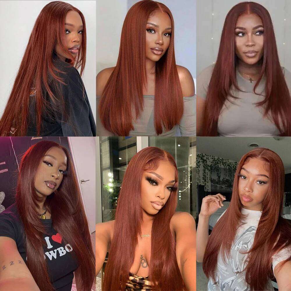NAMM Reddish Brown Straight Layered Front Wigs For Women Copper Red Pre Plucked Lace Frontal Layers Glueless Synthetic Wig