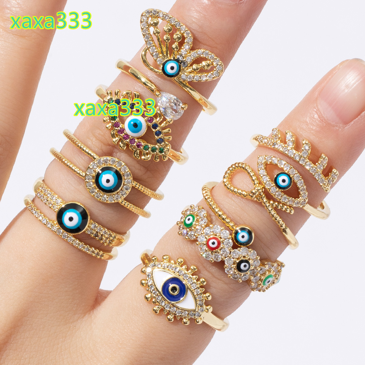 Laboratory cultured diamond ring; Unique multi-colored evil eye ring; 925 silver 18K gold open adjustable ring; Jewelry