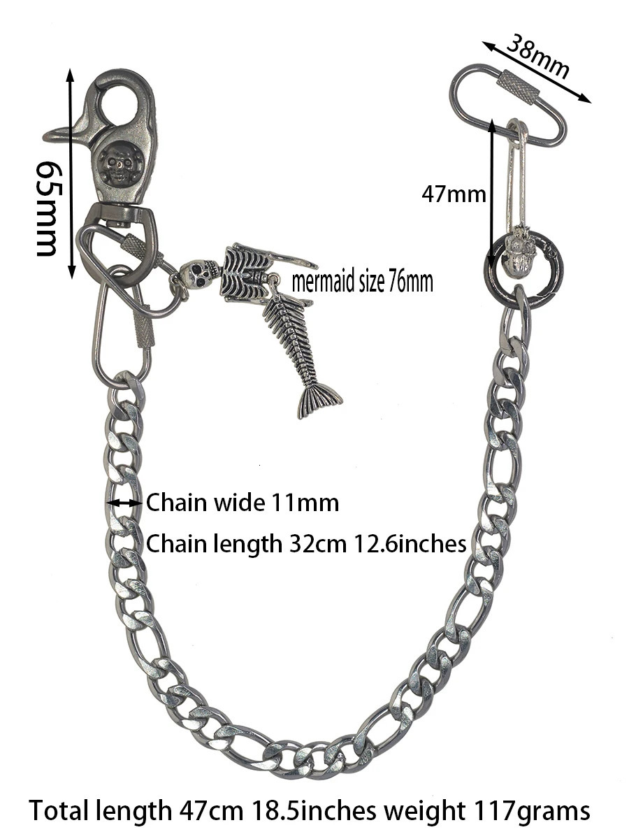 Punk 12 inch Short Gunmetal biker Jeans Wallet Belt mermaid Chain Keychain pirate Skull Snap Hoop screw carabiner EDC gift 250530