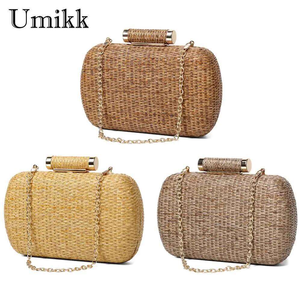 Elegant Women Hand Woven Evening Bag With Versatile Chain Strap For Weddings Parties And Beach Gatherings