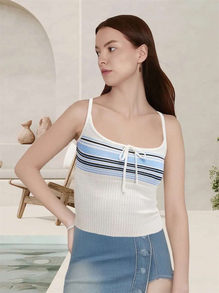 Womens Striped Cami Tank Tops with Fit Tie-up Scoop Neck Spaghetti Straps Backless Design and Crop Length - Stylish