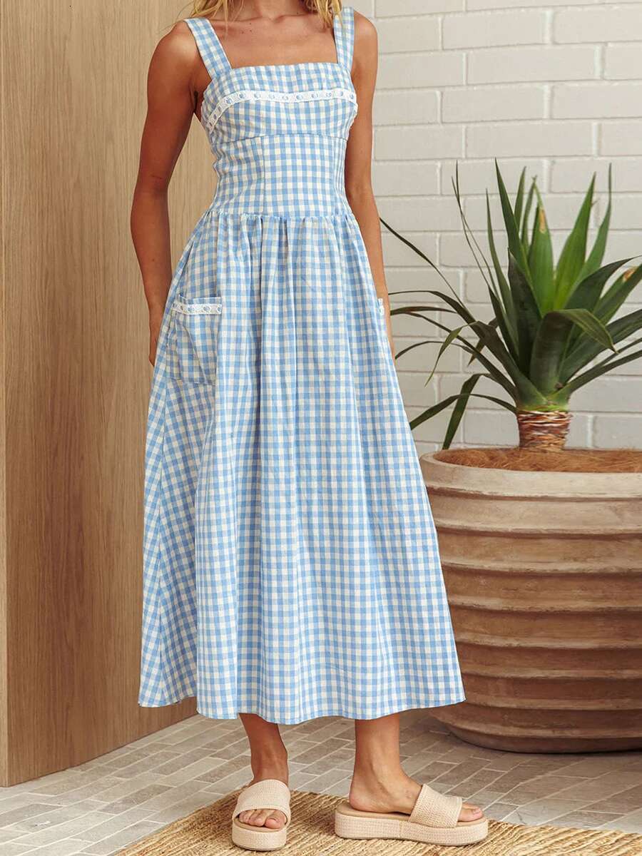 Womens Sleeveless Floral Print Maxi Dress with V-neckline and Adjustable Spaghetti Straps for Summer Beach Party