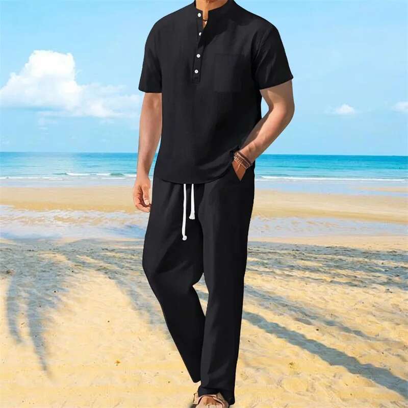 Mens Casual 2 Piece Outfit Short Sleeve Henley Tops with Drawstring Pants Loose Solid Color Set for a Stylish Look