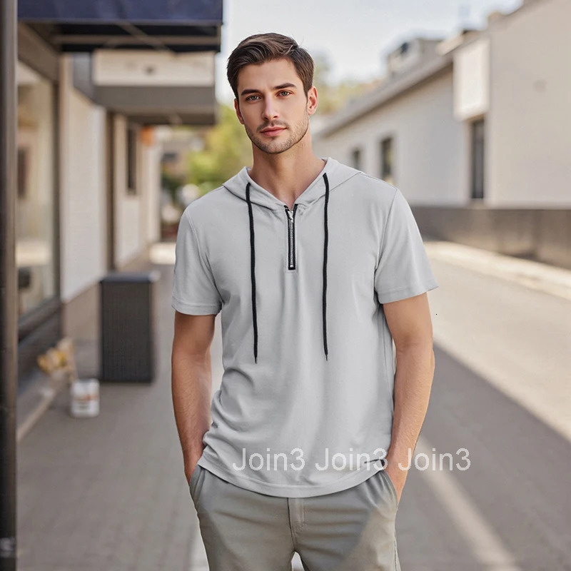 Mens Lightweight Short Sleeve Zip Up Hoodie Sweatshirt with Drawstring Solid Color Casual Pullover Hooded T-shirt for Summer