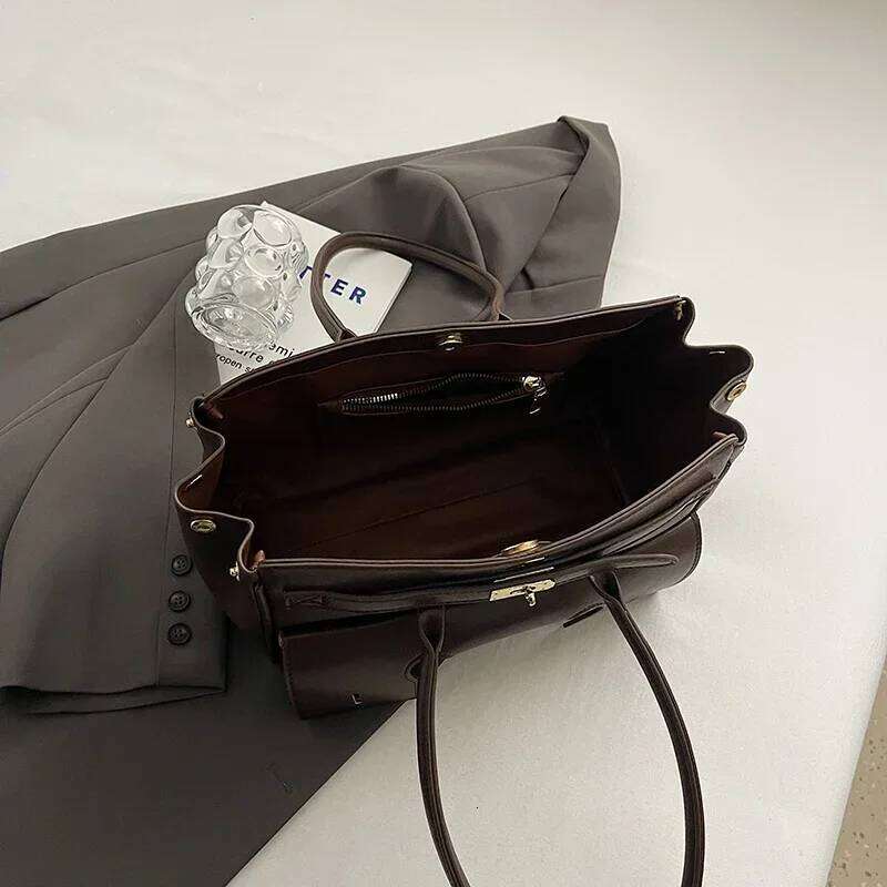 Large Capacity Vintage Lock Shoulder Bag Soft Leather Multi-Pocket Quality Daily Commute Handbag 2024