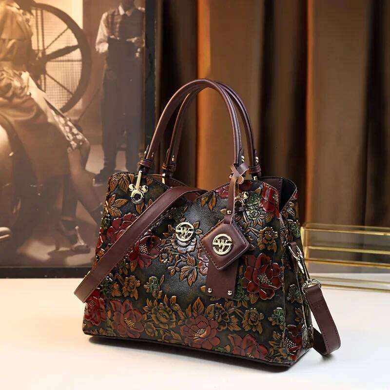 Vintage Flower Pattern Handbag, PU Leather Tote Bag, Fashion Crossbody Bag For Women