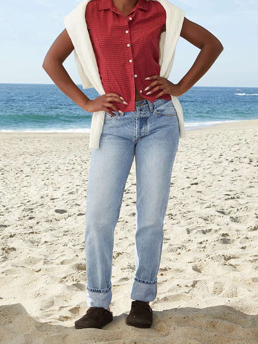 Womens Stylish Plaid Shirt in Blue with Short Sleeves and Turn Down Collar - Casual Button Up Top for Summer Wear