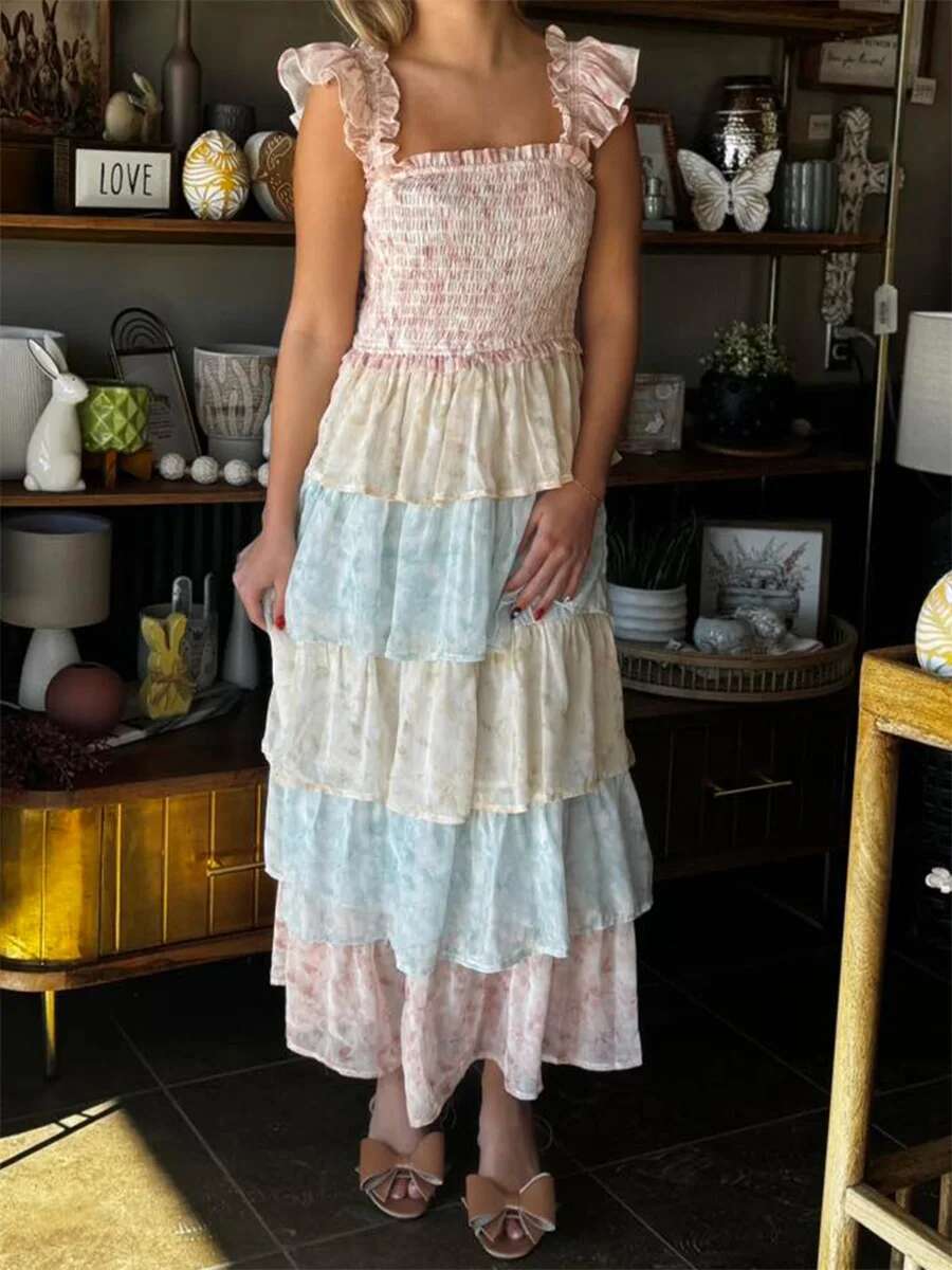 Womens Elegant Floral Print Chiffon Maxi Dress with Spaghetti Straps and A-line Silhouette for Summer Beach Wedding Party
