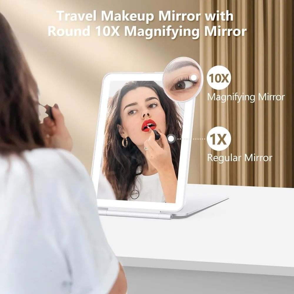 Rechargeable Makeup Mirror with 3 Color Lights for Travel Vanity Cosmetic Mirror with LED Portable Compact Handheld with 10X 250604