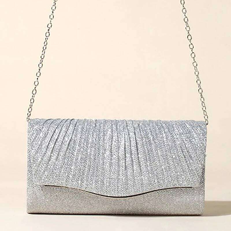 Glitter Shiny Women Evening Bag Fashionable Pleated Ladies Long Chain Purses Wedding Dinner Party Small Clutch Handbag