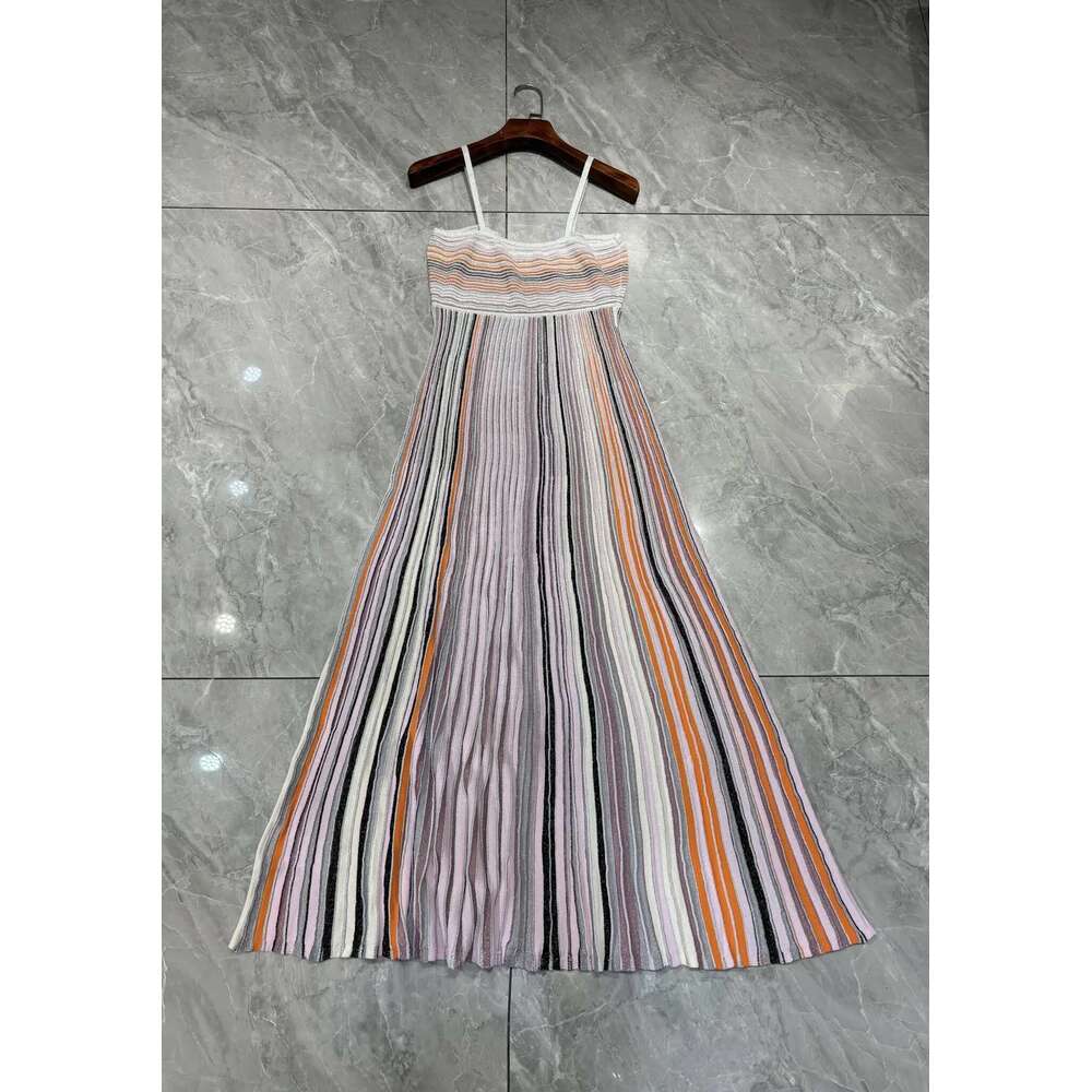 French Style Women Gold Thread Colored Striped V-Neck Knitted Long Fashion Lady High Waist A-Line Dress Female Prom Gown