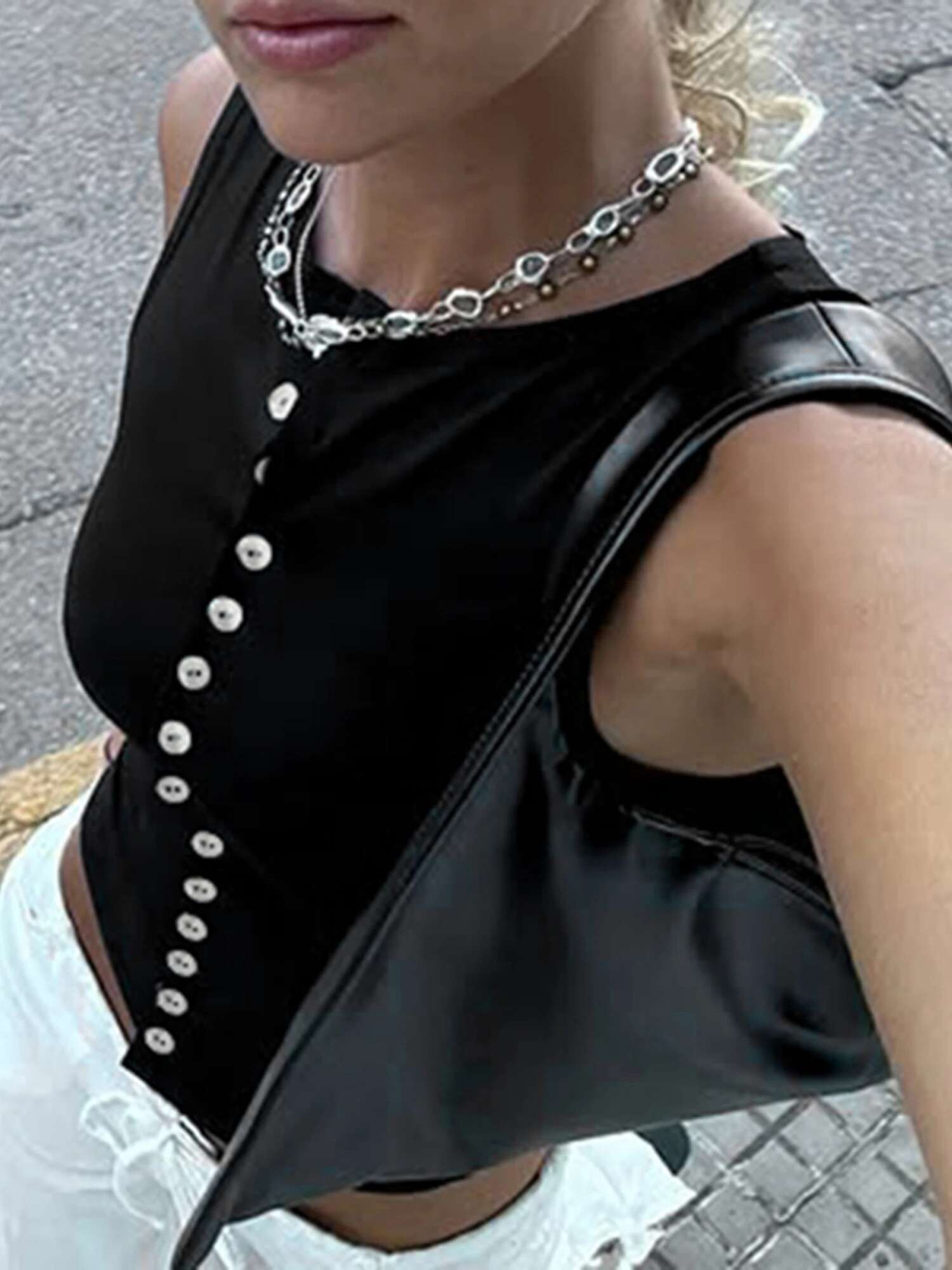 Womens Casual Loose Fit V-neck Sleeveless Solid Color Tank Top with Button Detail and Side Slits for Summer Beach Wear