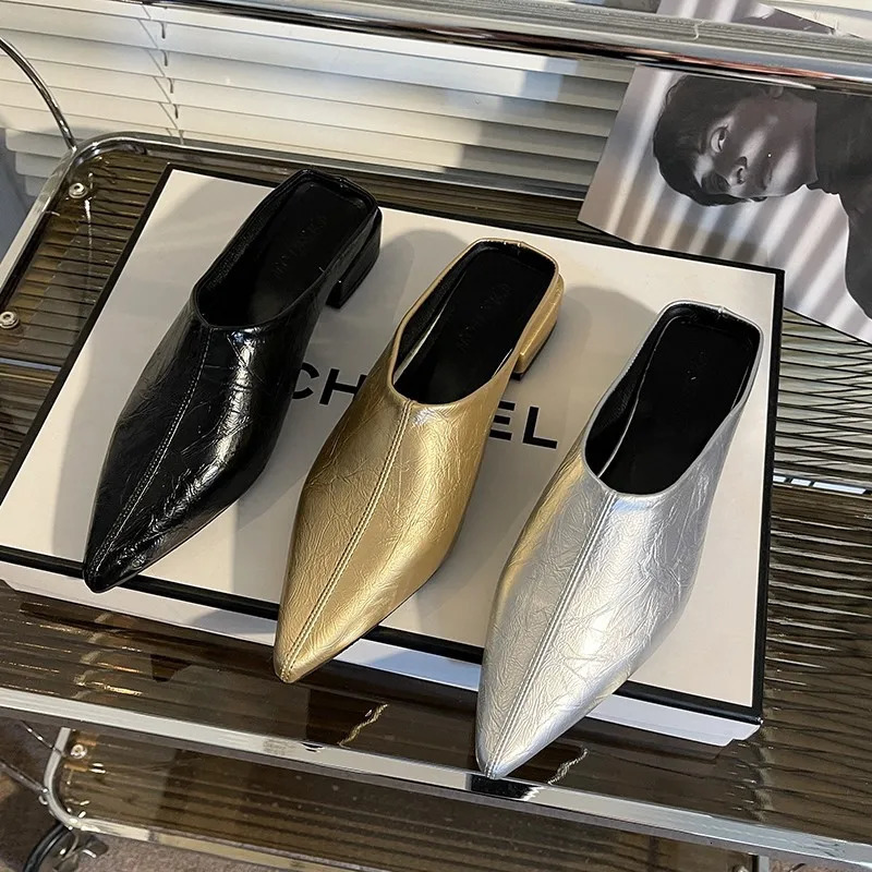 Baotou Half Slippers Womens Outer Wear 2025 Plus Size Pointed Thick Heel Womens Slippers 250603