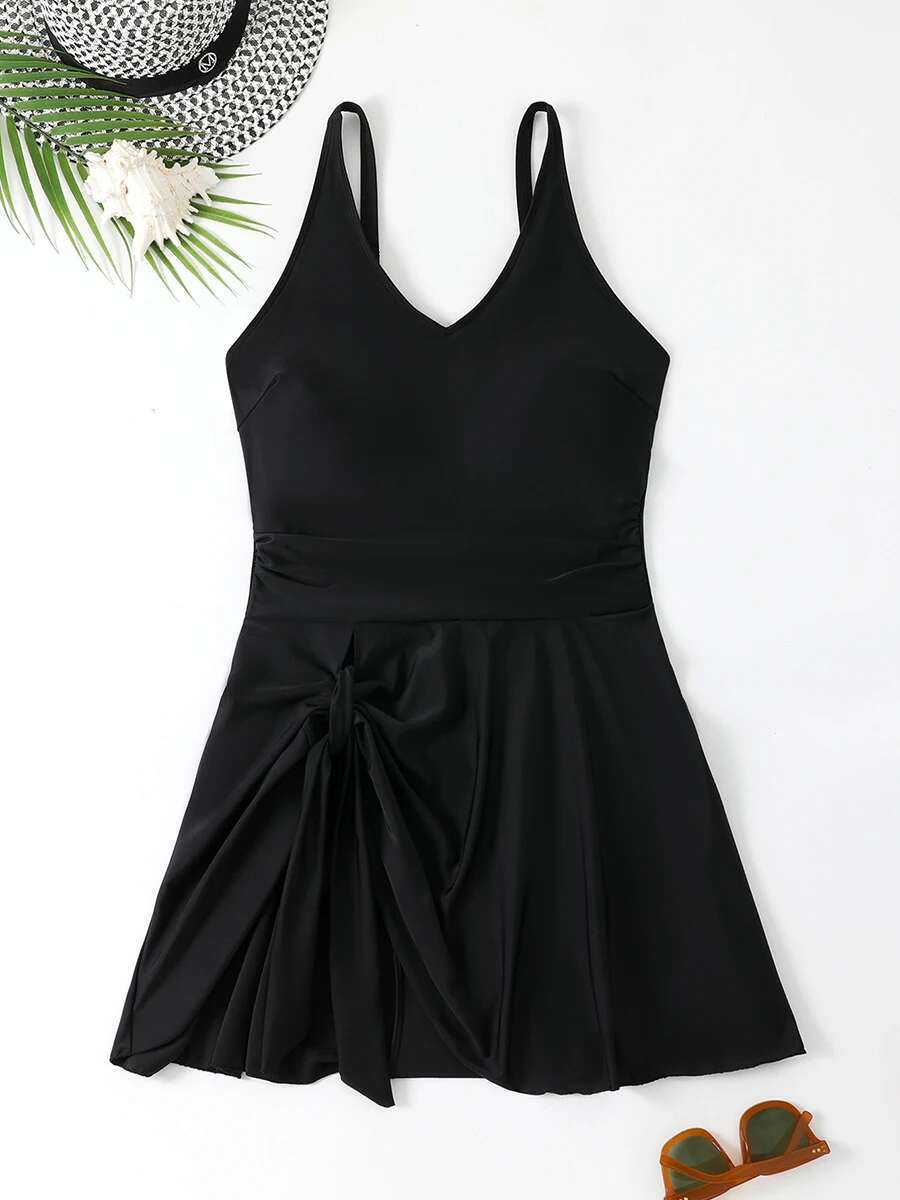 Womens Floral Print Halter Neck Backless Swimsuit with Ruffle Detail and Tassel Tie-up Waistband Beachwear