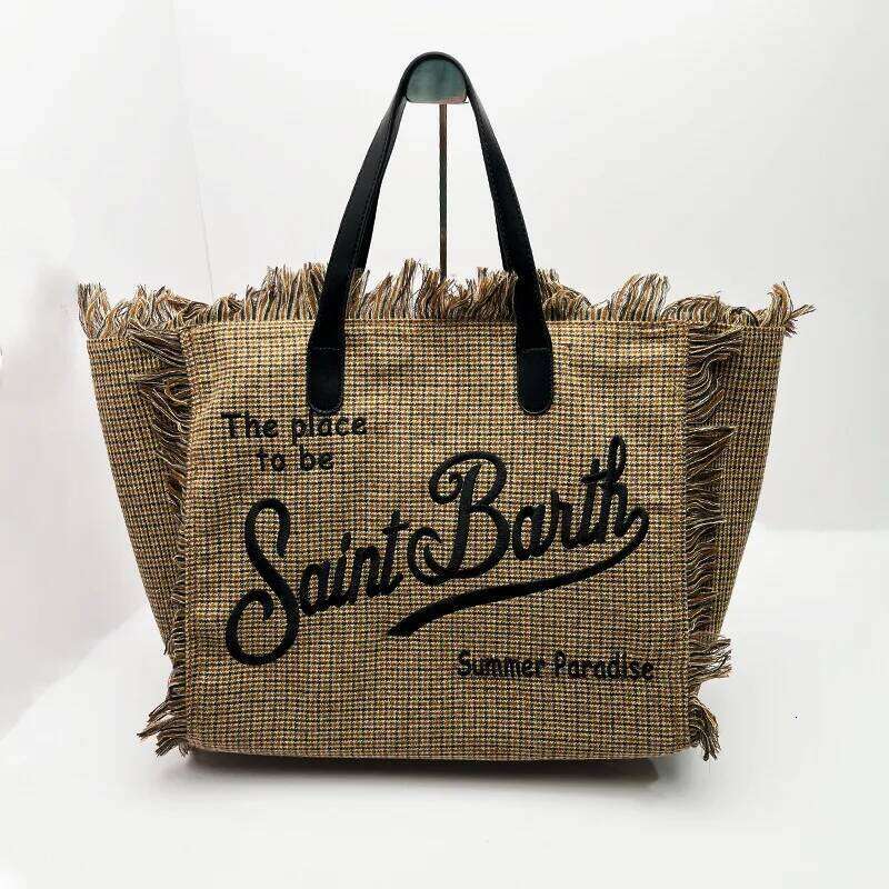 SAINT BARTH New European And American Women's Large Capacity Leisure Tourism Beach Thousand Bird Grid Handmade Tassel Handbag