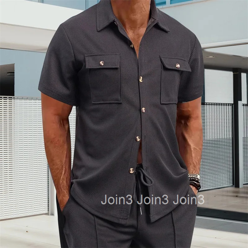 Mens Casual Short Sleeve Button Down Shirt with Turn-down Collar Solid Color Summer Top for Daily Wear and Outings