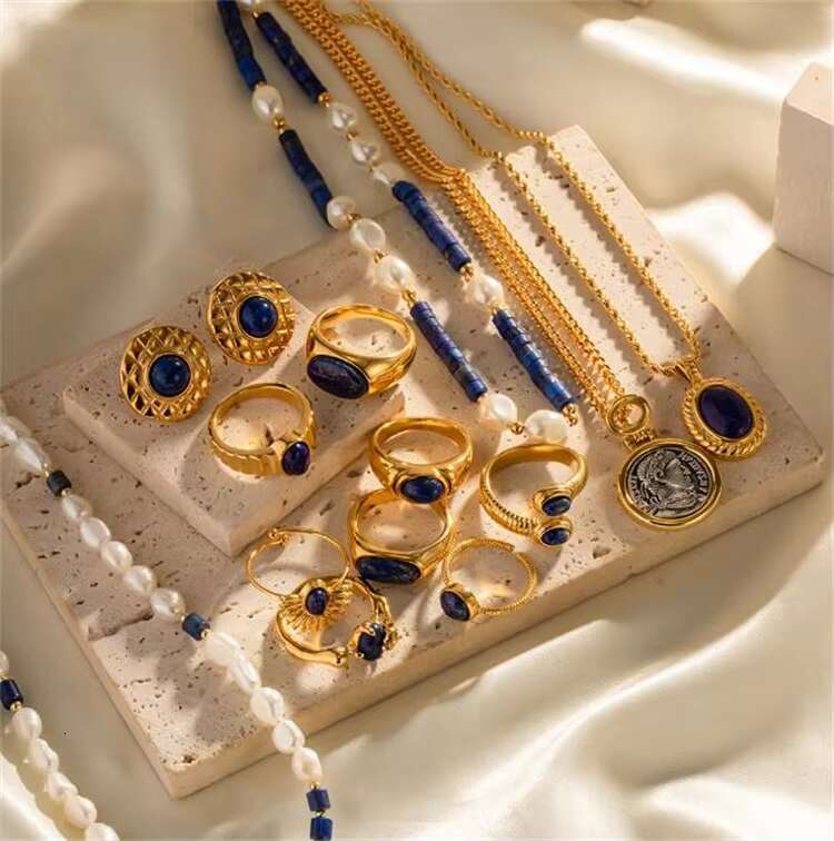 Fashion Lapis Lazuli Necklace Palace Retro Stainless Steel Ring Big Stone Ring