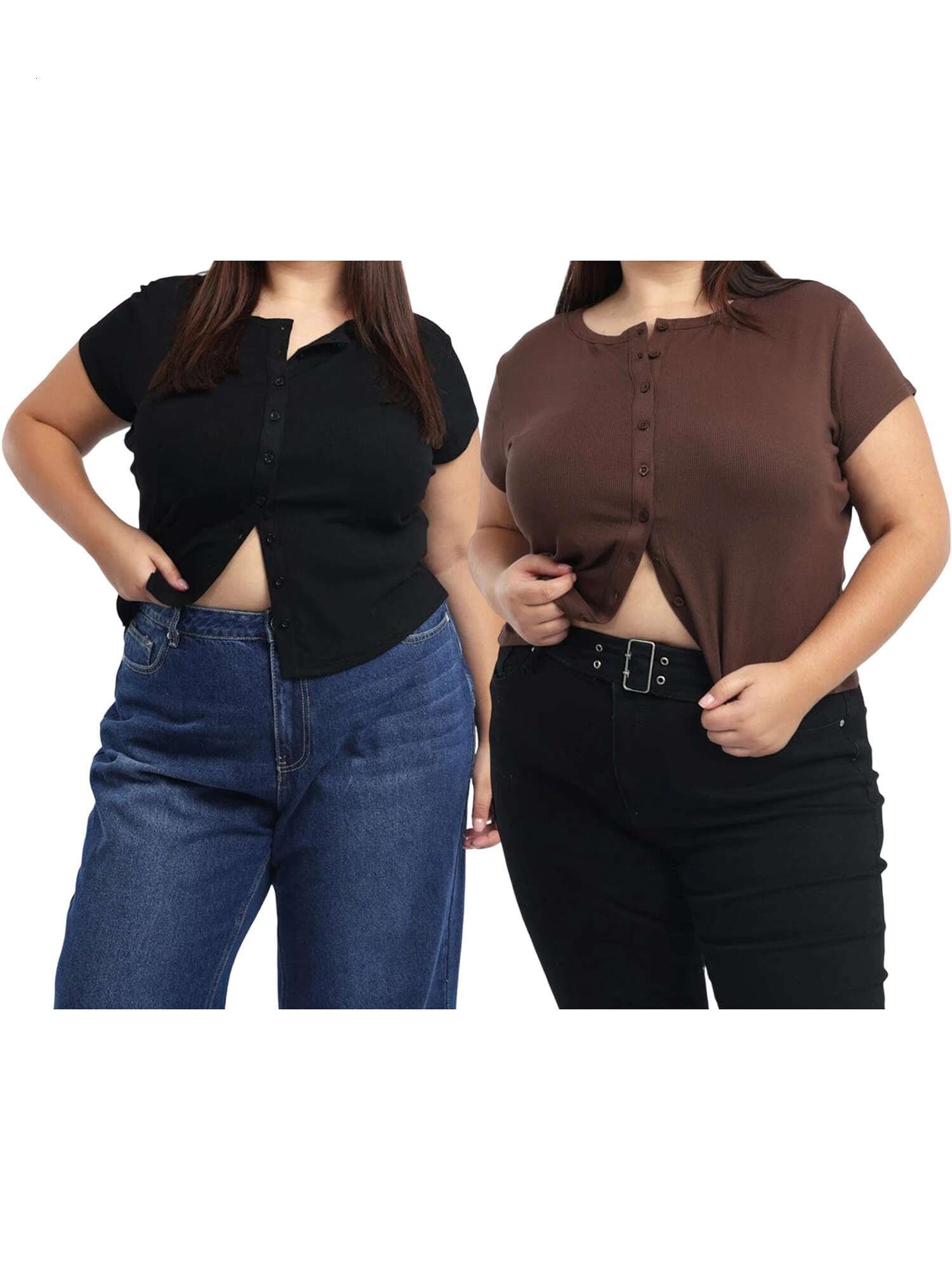 Womens Plus Size Casual Short Sleeve V-neck Solid Color Blouse with Button Detail and Ruched Hem