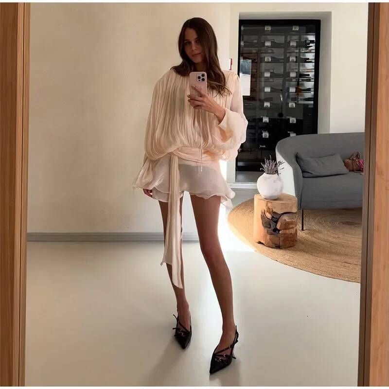 2025 Elegant Shiny Lace Up Women's Backless Ruffles Dress Chic Solid Lantern Sleeve A-Line Mini Dresses New Lady Street Vestidos