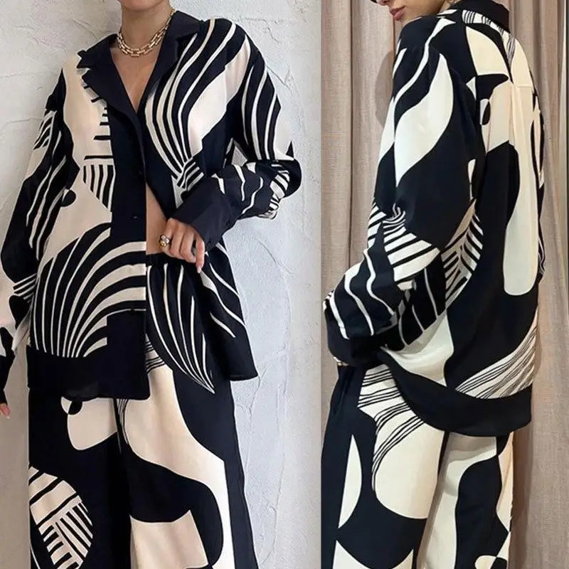 Casual Print Shirt Women 2 Piece Set Elegant Loose Long Sleeve Shirts Wide Leg Pants Female Suit Summer Fashion Lady Outfit 250605