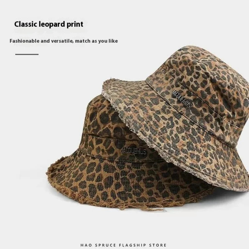 Retro Mens Leopard Print Washed Border Mens Fisherman Hats Seasonal Hanging Rope Outdoor Travel Basin Hats Sun Hats 250605